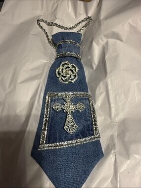 Embellished Denim Necklace with Silver Cross and Rose Accents